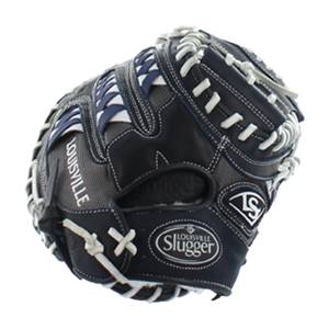 Front view of a navy and gray baseball glove with white stitching and Louisville Slugger branding.
