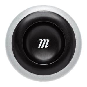 End view of a silver and black baseball bat with a white m logo.