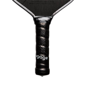 Close-up of a black pickleball paddle grip with a textured surface and white engage branding.