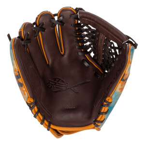 Front view of a dark brown baseball glove with orange laces, a camo-patterned shell, and "REV1X" and "RAWLINGS" embossed on the leather.