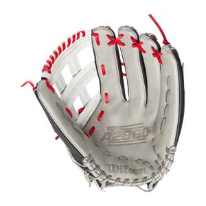 Front view of a gray Wilson A2000 glove with red stitching and A2000 branding.