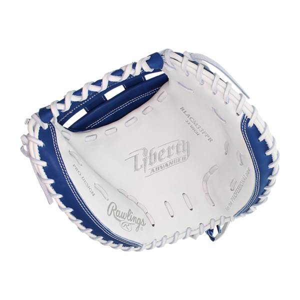 Top-down view of a white and blue catchers mitt with Liberty Advanced and Rawlings logos.