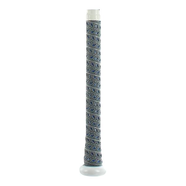 Side view of a white baseball bat with a gray and blue patterned grip.