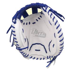 Top-down view of a white fastpitch catchers mitt with royal blue lacing and Liberty ADVANCED branding.