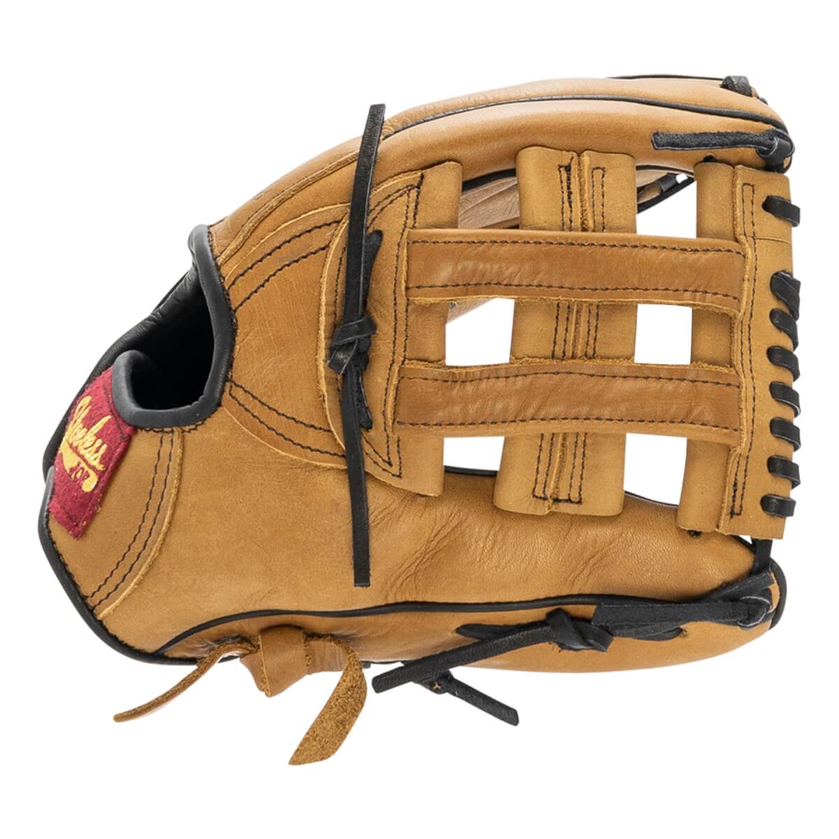 Angled side view of a tan baseball glove with a basket-style web, black lacing, and a red Shoeless Joe patch.