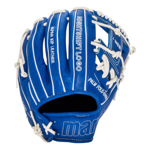 Back view of a blue baseball glove with white lacing and text including "NIGHTSHIFT LOGO", "JAPAN KIP LEATHER", and a large Marucci logo on the wrist.