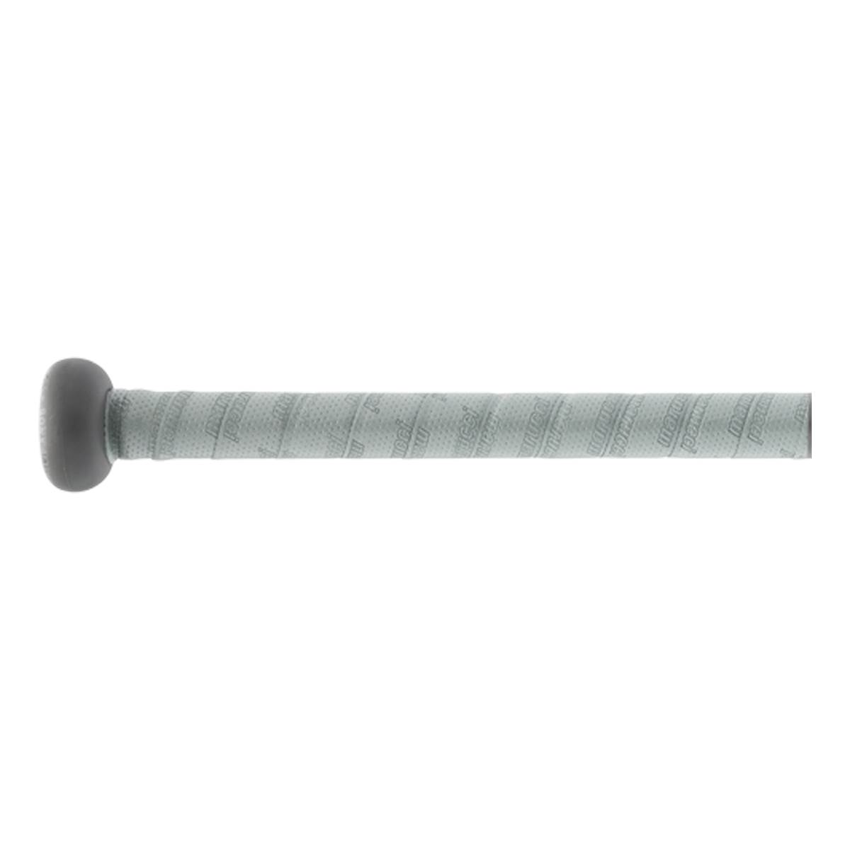 Side view of a gray baseball bat with a textured grip and visible Marucci branding.