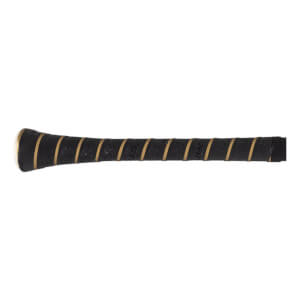 Close-up side view of a black bat grip with perforated texture, gold diagonal stripes, and WARSTIC text.