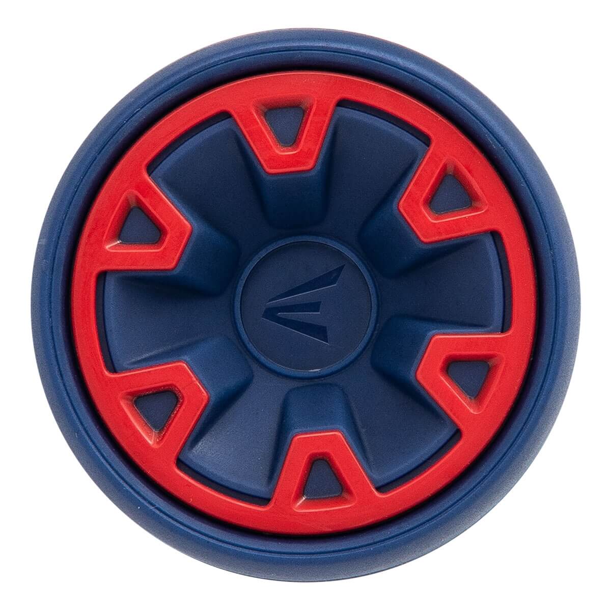 Top-down view of a blue bat end cap with a red geometric pattern and a recessed Easton logo.