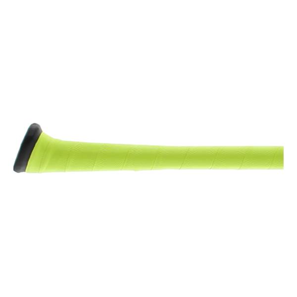 Side view of a neon yellow baseball bat with a black end cap and textured grip.