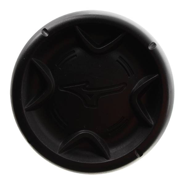 Top-down view of a black baseball bat end cap with the Mizuno logo and textured grip pattern.