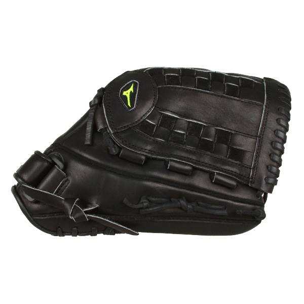 Side view of a black baseball glove with a yellow Mizuno logo and woven webbing.