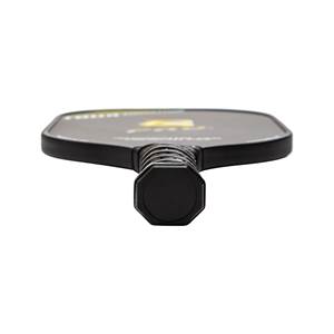 Bottom view of a black pickleball paddle with a textured grip and octagonal end cap.
