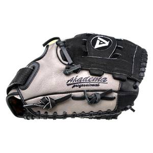 Side view of a gray and black baseball glove with Akadema professional text and a white A logo.