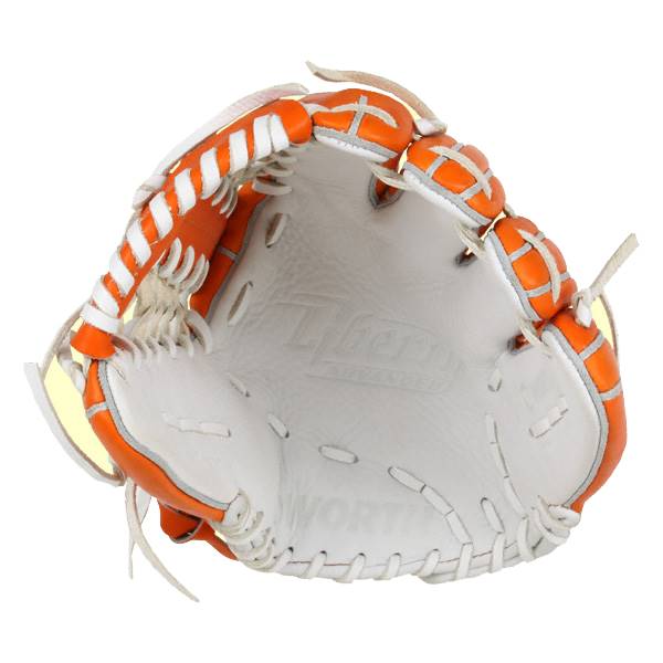 Top-down view of an orange and white baseball glove with white stitching and embossed Liberty Advanced and Worth logos.