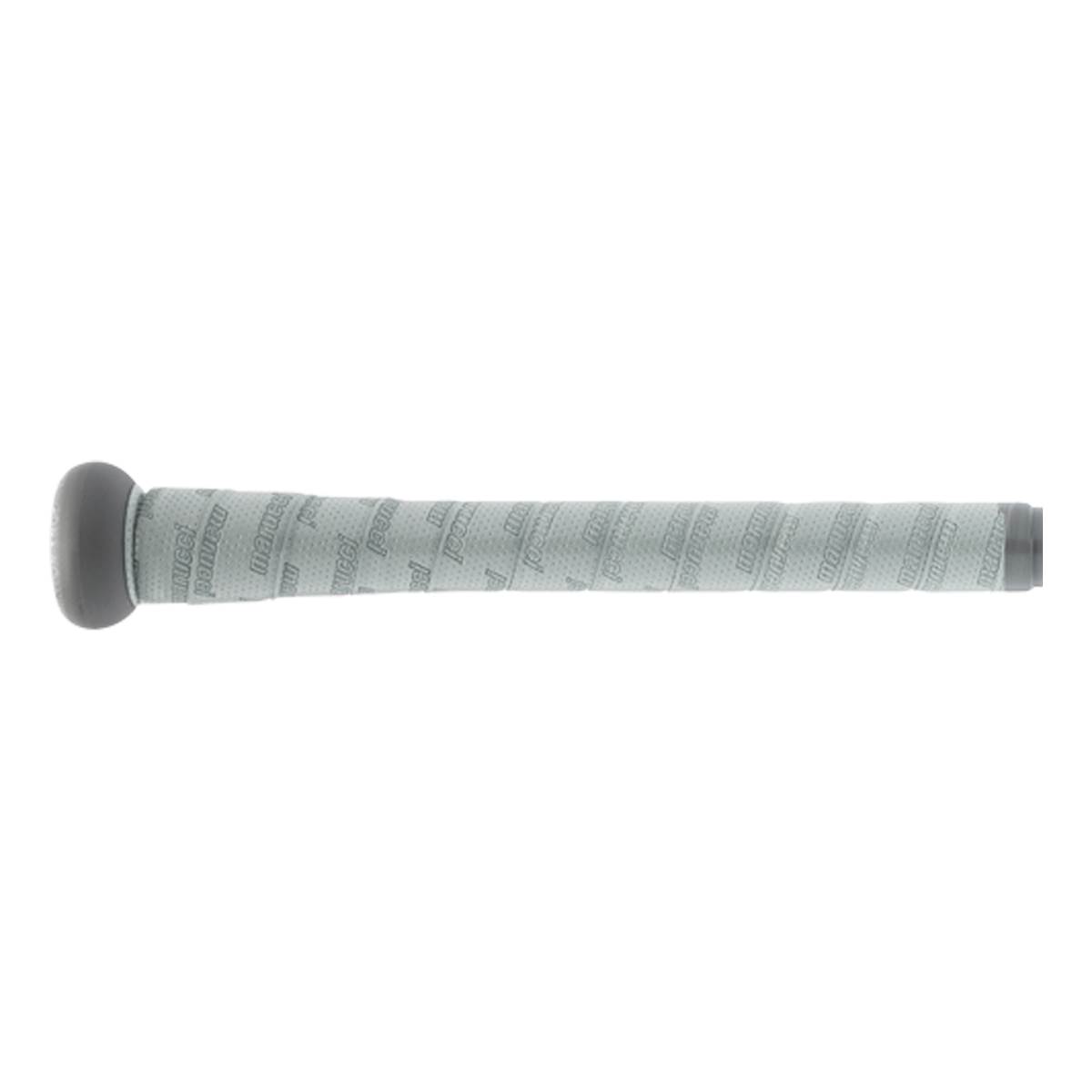 Side view of a grey baseball bat with a textured grip and repeating Marucci logo.