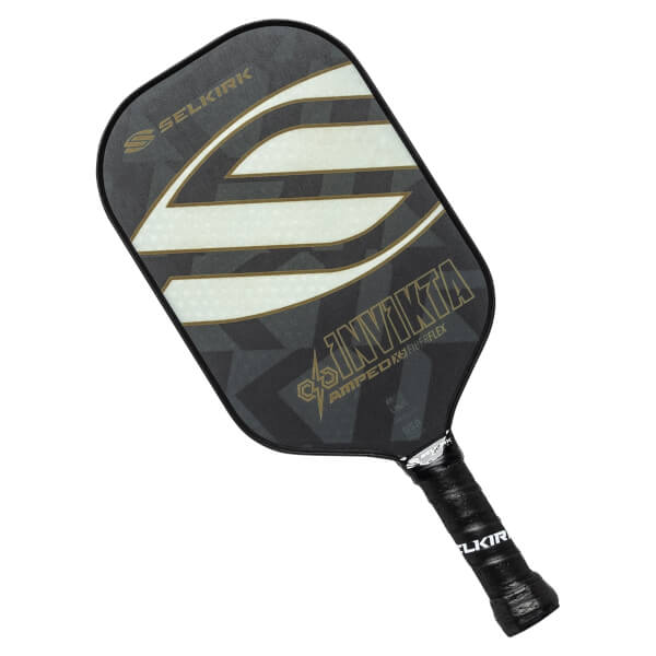 Top-down view of a black pickleball paddle with white stripes and INV IKTA text.