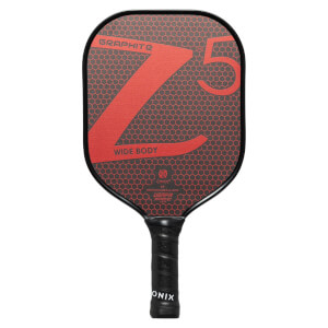 Front view of a black pickleball paddle with a red Z5 graphic, honeycomb pattern, and WIDE BODY text.
