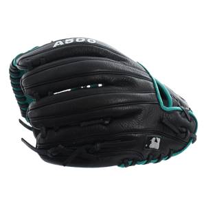 Side view of a black baseball glove with teal accents and A500 branding.