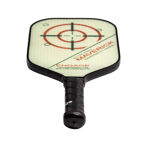 Top-down view of a cream pickleball paddle with a target design, Maverick text, and black grip.
