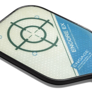 Corner view of a white pickleball paddle with a green target and blue ENGAGE ENCORE EX text.