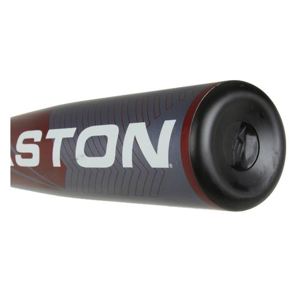 End view of a gray and red baseball bat with EASTON branding and a black end cap.
