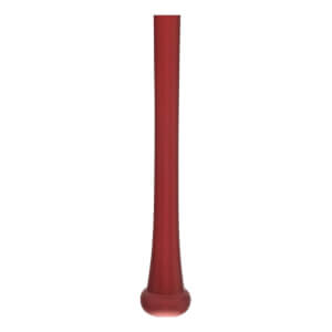 Side view of a red baseball bat with a smooth finish and rounded knob.