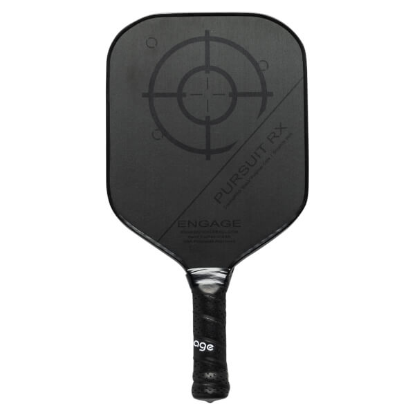 Front view of a black pickleball paddle with a target design, PURSUIT RX, and ENGAGE text.