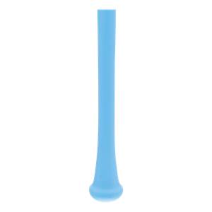 Bottom view of a light blue baseball bat with a flared knob and smooth, tapering handle.