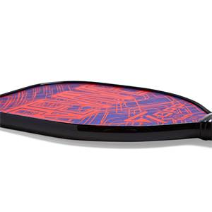 Side view of a black pickleball paddle with a red and blue circuit board design.