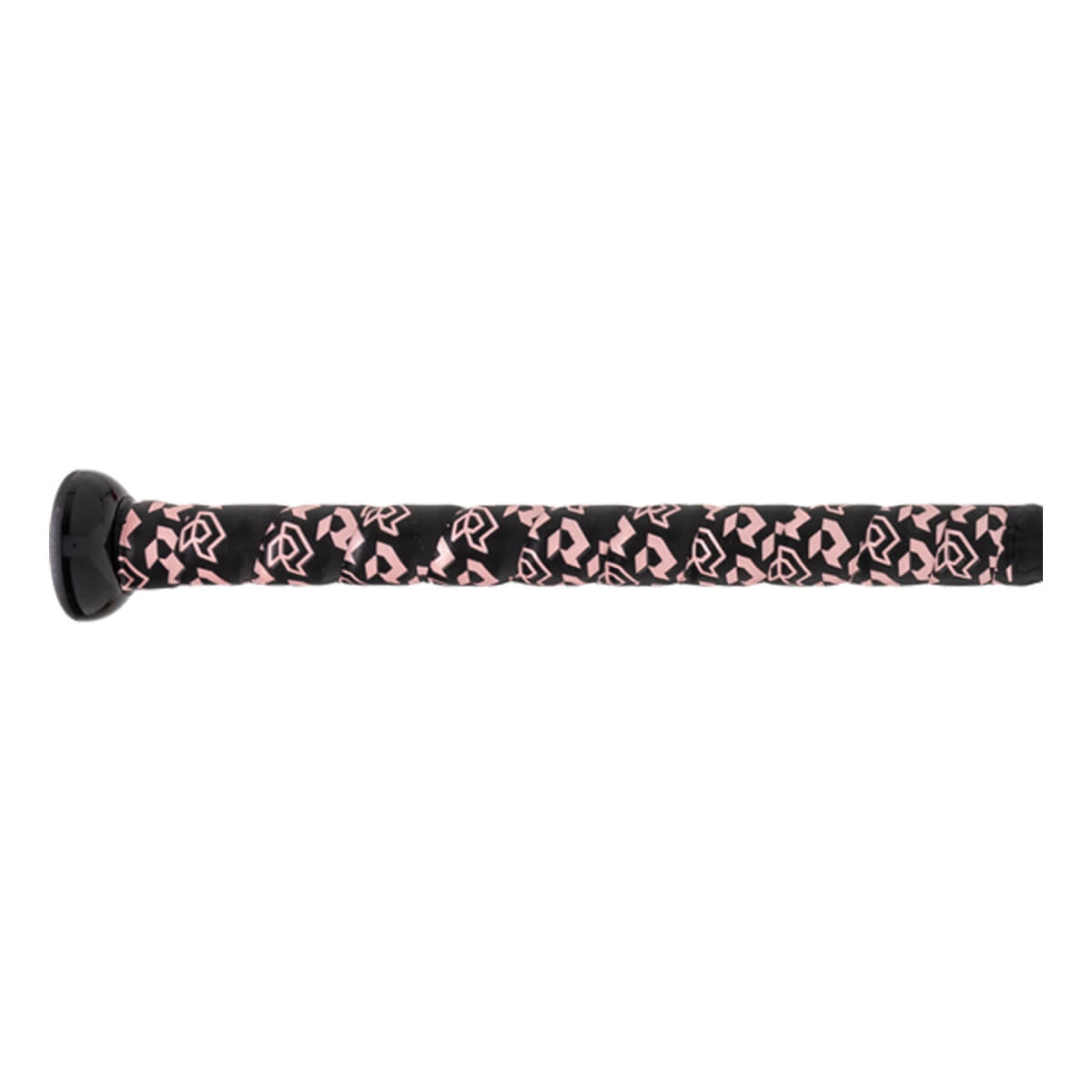 Side view of a black bat handle with a pink repeating pattern grip and a black knob.