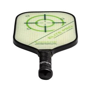 Top-down view of a light green pickleball paddle with a target design and ELITE PRO text.