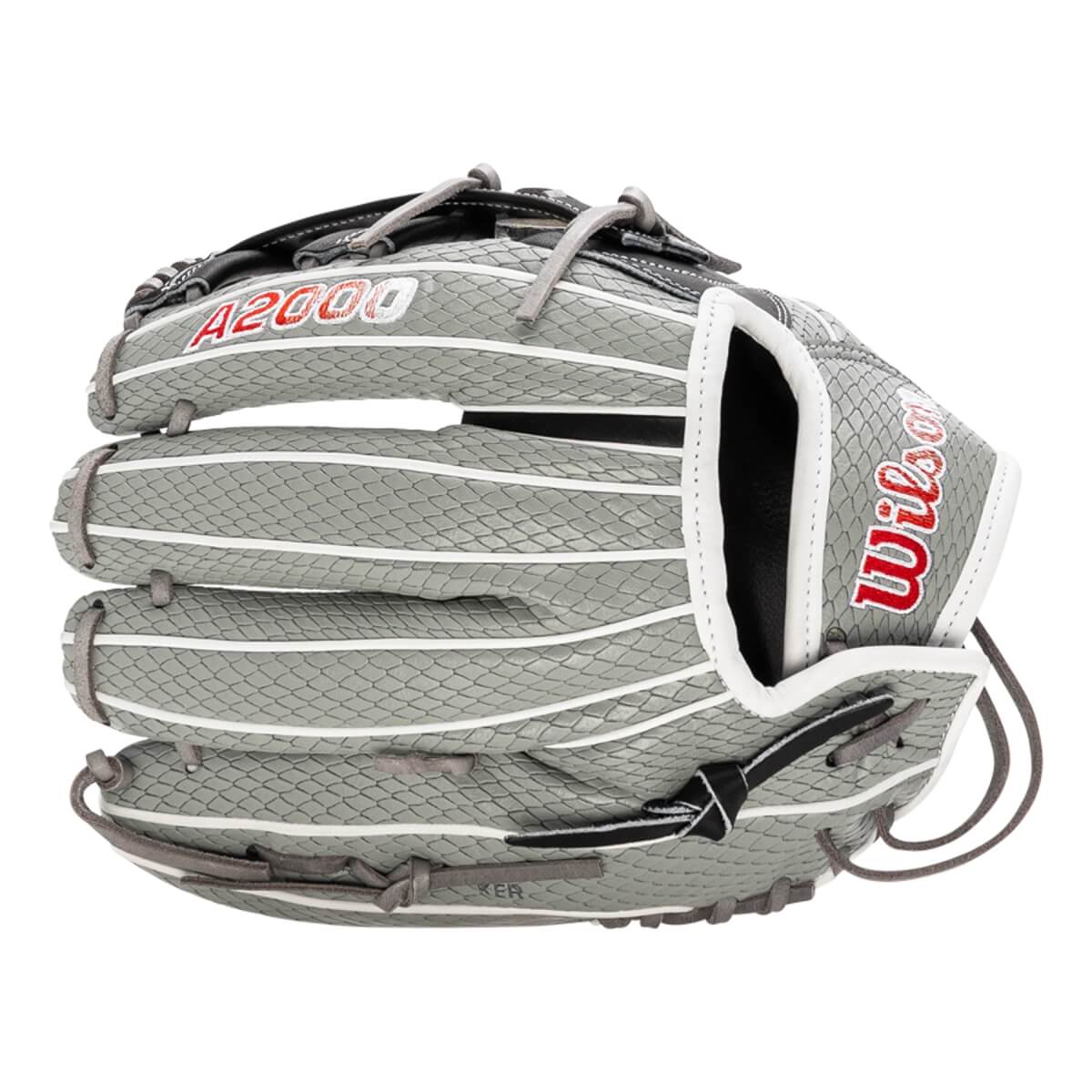 Back view of a grey Wilson A2000 Super SnakeSkin softball glove featuring white welting and red-outlined A2000 and Wilson logos.