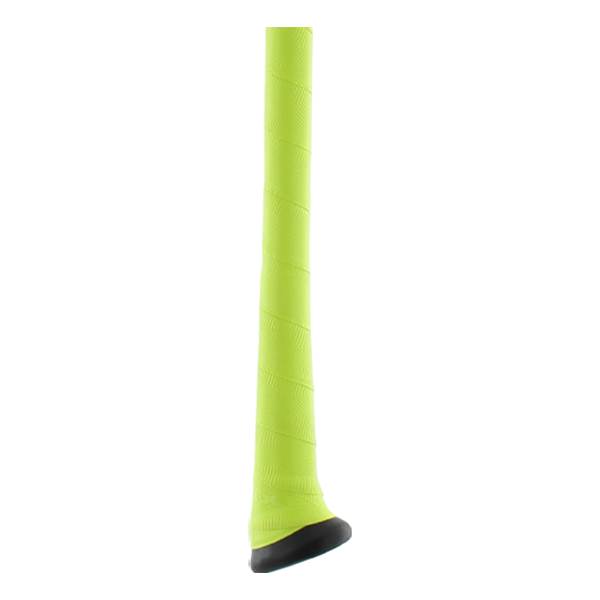 Close-up of a neon green baseball bat grip with a black end cap.