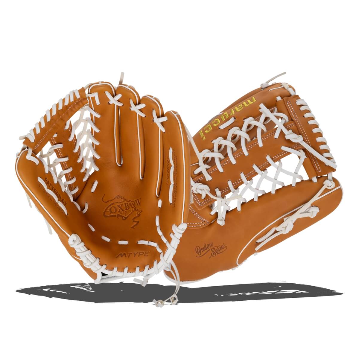 Front and back views of a tan baseball glove with white laces, featuring gold "Marucci" branding and an "Oxbow Series" steer logo on the palm.