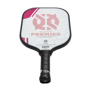 Front view of a white pickleball paddle with pink accents, EVOKE PREMIER text, and a black grip.