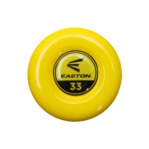 Top-down view of a yellow baseball bat end cap with Easton logo and 33 size indicator.