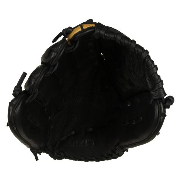 Top-down view of a black baseball glove with gold accents and visible lacing.