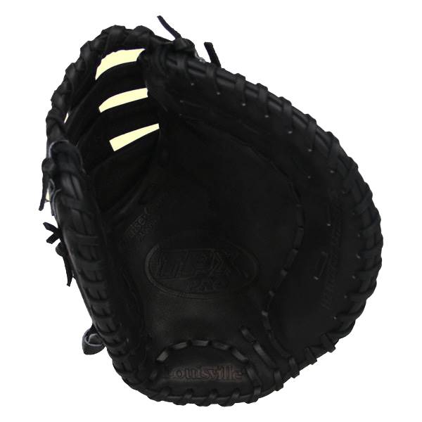 Top-down view of a black Louisville Slugger first base mitt with TPX logo and Louisville stitching.