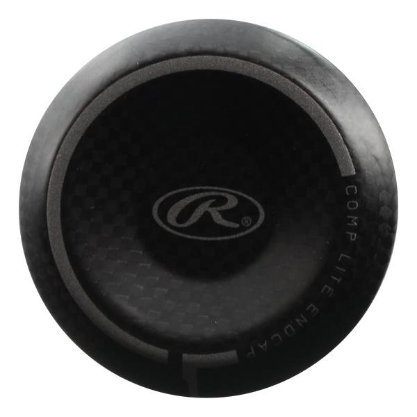 Top-down view of a black baseball bat endcap with a Rawlings logo and COMP LITE ENDCAP text.
