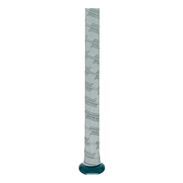 Close-up of a light gray baseball bat grip with repeating Marucci text and a teal knob.
