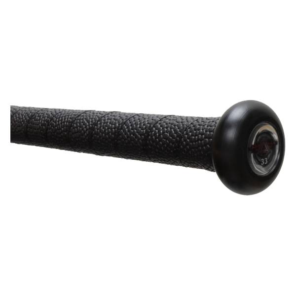 Side view of a black softball bat with a textured grip and a circular end cap showing 33.