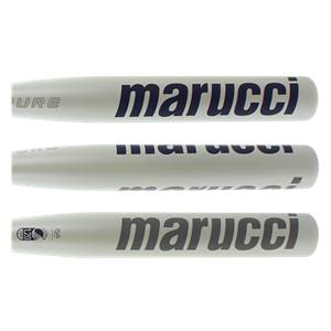 Side view of a white Marucci PURE Fastpitch Softball Bat with navy blue branding.