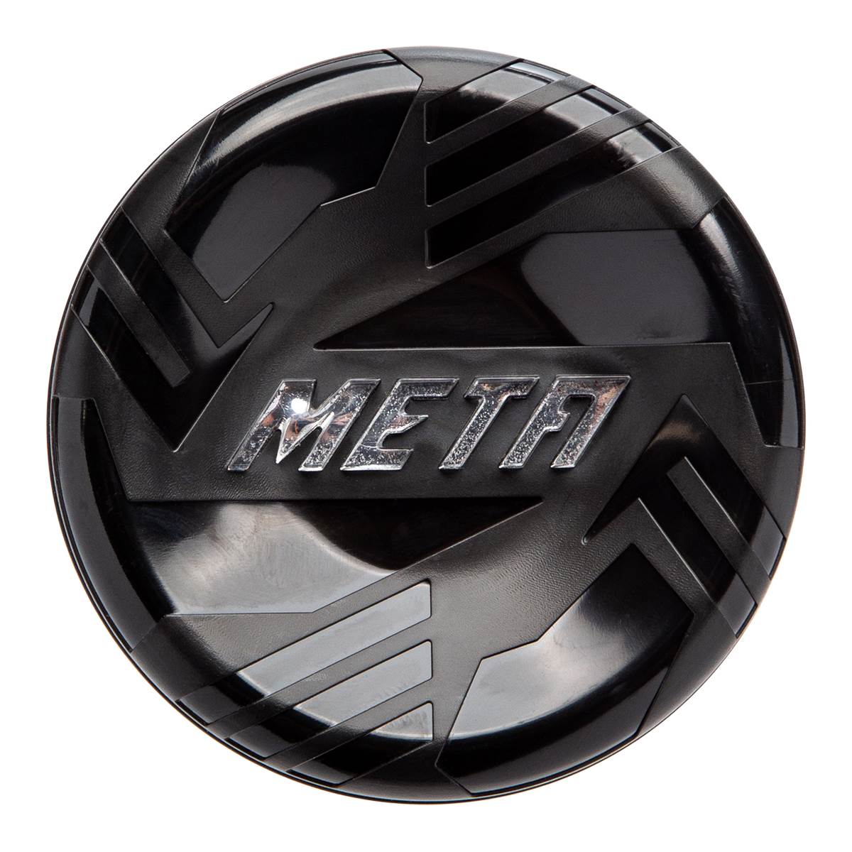 Top-down view of a black baseball bat with a silver META logo and geometric accents.