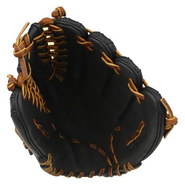 Top-down view of a black youth baseball glove with tan lacing and a visible PREMIER logo.