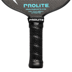 Top-down view of a black pickleball paddle with PROLITE branding and a perforated grip.