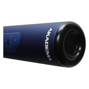 Close-up of a blue baseball bat with AKADEMA text and a black end cap.