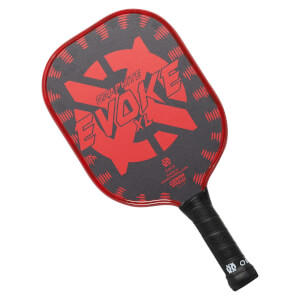Top-down view of a red and gray pickleball paddle with GRAPHITE EVOKE XL text and a black grip.