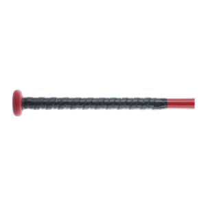Side view of a red softball bat with a black textured grip and red knob.