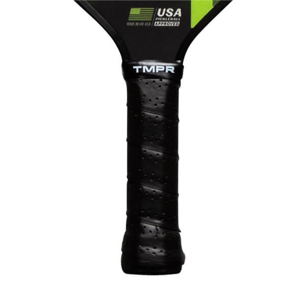 Close-up of a black pickleball paddle grip with TMPR branding and USA Pickleball Approved logo.